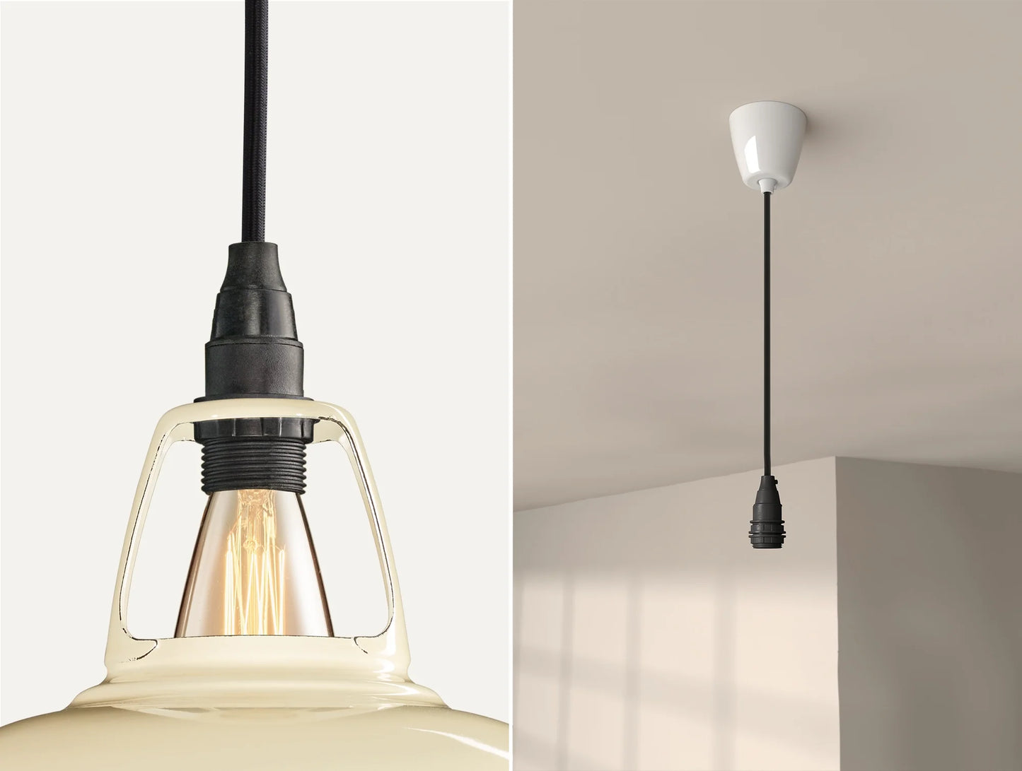 Close up of an E14 Industrial suspension set on a Classic Cream lampshade on the left. On the right, an E14 Industrial pendant set is is hanging from the ceiling