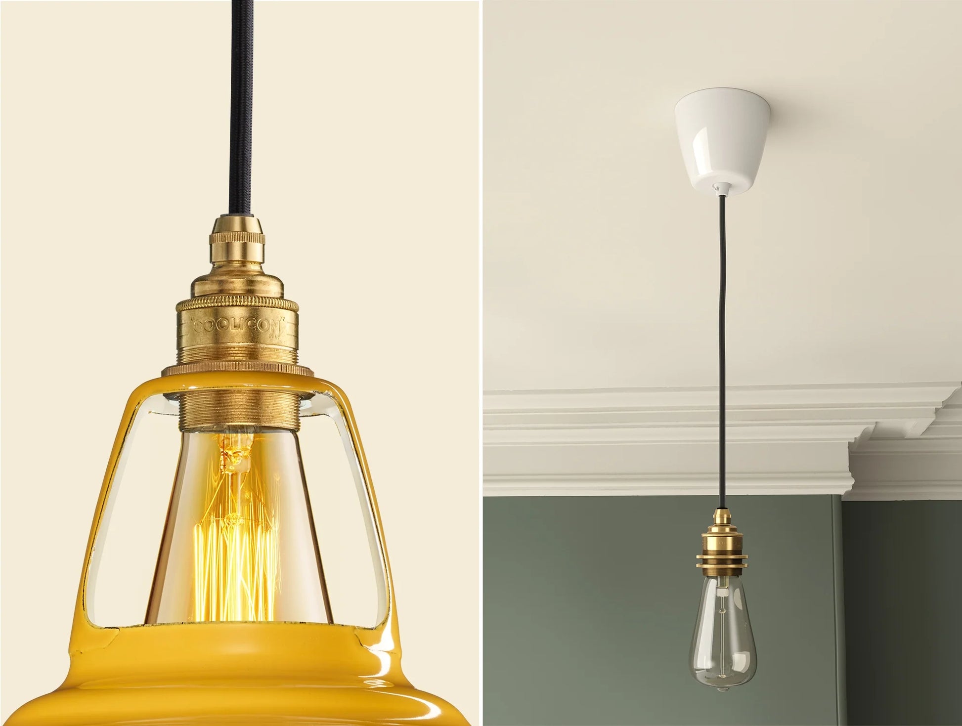 Close up of an E27 Signature Brass suspension set on a Deep Yellow lampshade on the left. On the right, an E27 Brass pendant set with a lightbulb is hanging from the ceiling