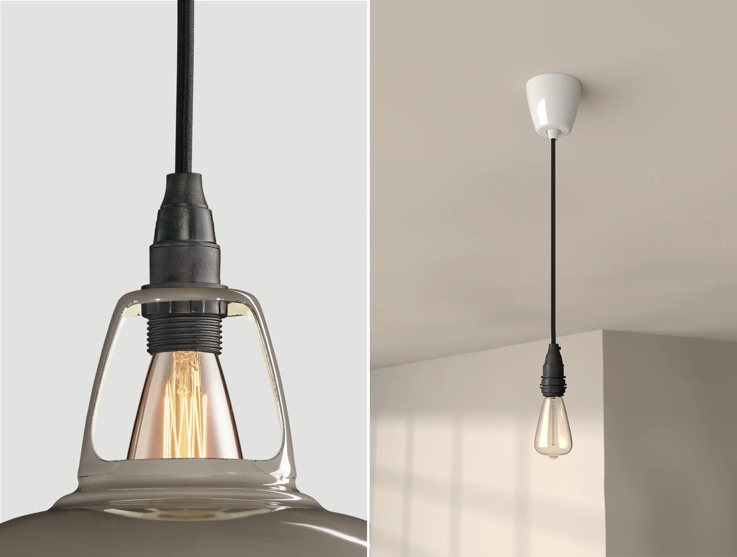 Close up of an E14 Industrial suspension set on an Original Grey lampshade on the left. On the right, an E14 Industrial pendant set with a lightbulb is hanging from the ceiling