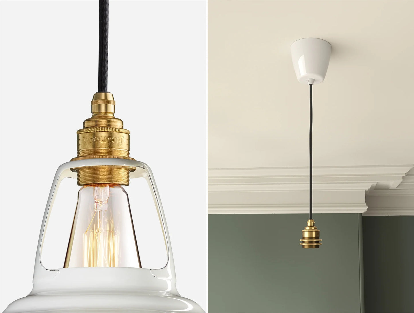 Close up of an E27 Signature Brass suspension set on a Original White lampshade on the left. On the right, an E27 Brass pendant set is hanging from the ceiling