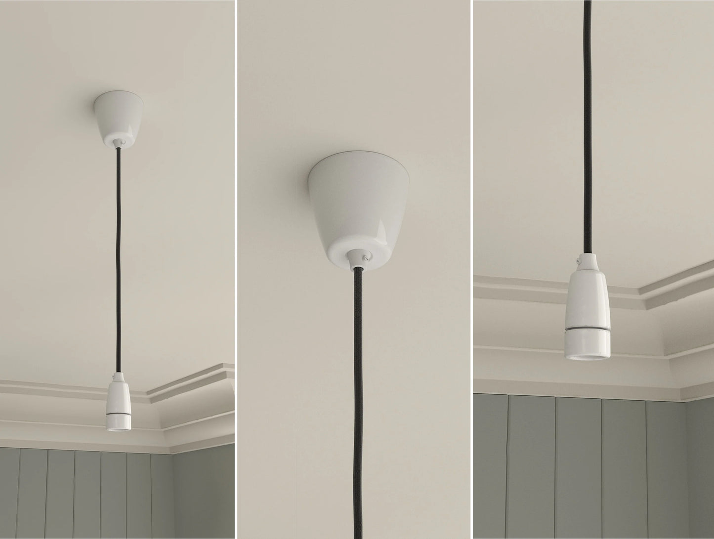 An E14 Porcelain Coolicon pendant set with a Vitreous Enamel ceiling cup hanging from a ceiling in front of a Georgian-style wall