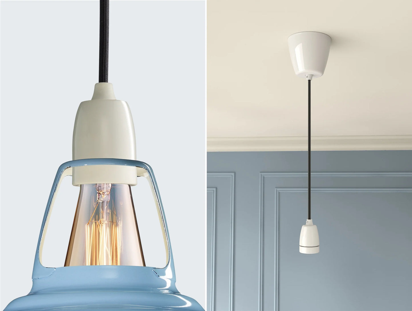 Close up of an E27 Signature Brass suspension set on a Sky Blue lampshade on the left. On the right, an E27 Brass pendant set is hanging from the ceiling