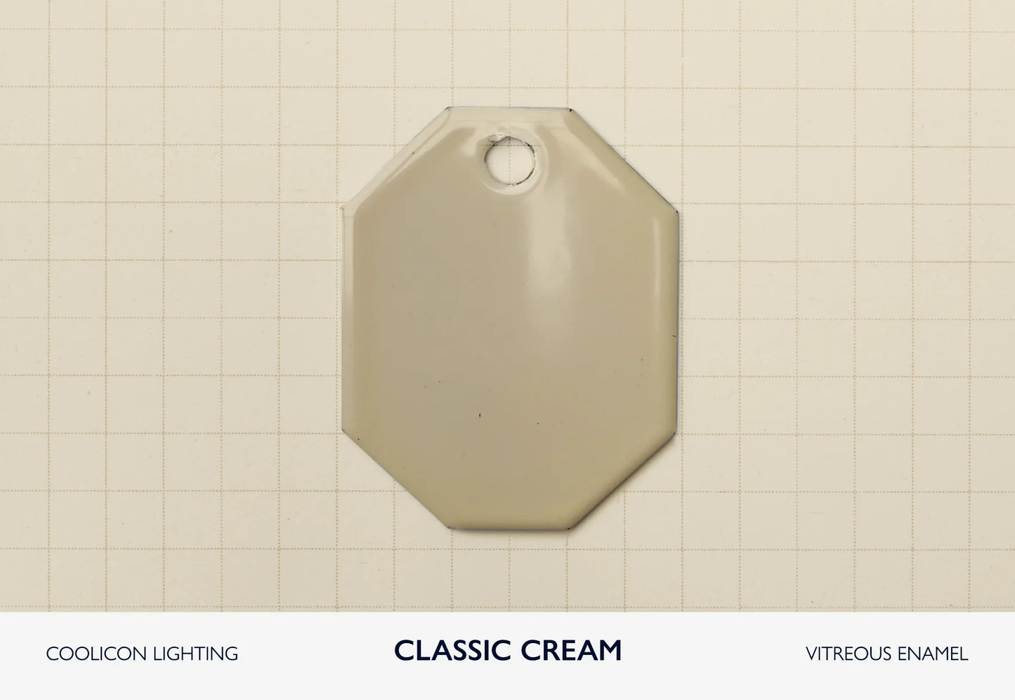A vitreous enamel colour sample of the colour Classic Cream from Coolicon Lighting