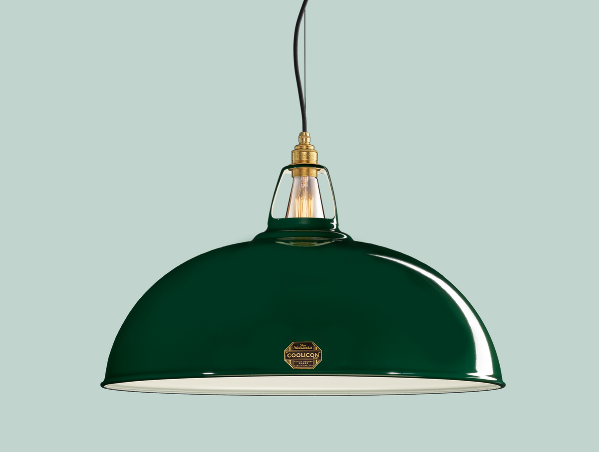 Extra Large Green Coolicon Pendant Enamel Light with a Brass Pendant set and incandescent squirrel cage light bulb