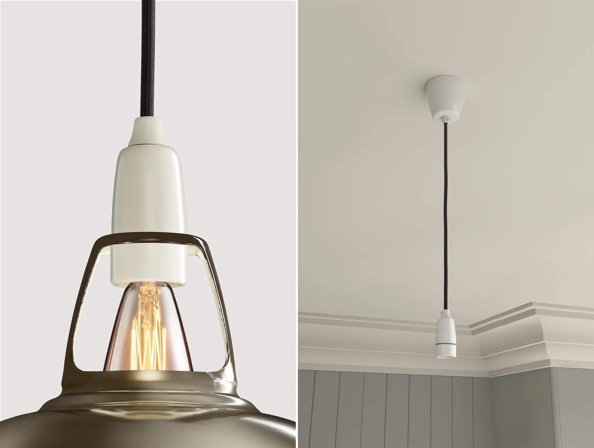 Close up of an E14 Porcelain suspension set on an Antinium shade on the left. On the right, an E14 Porcelain pendant set is hanging from the ceiling 
