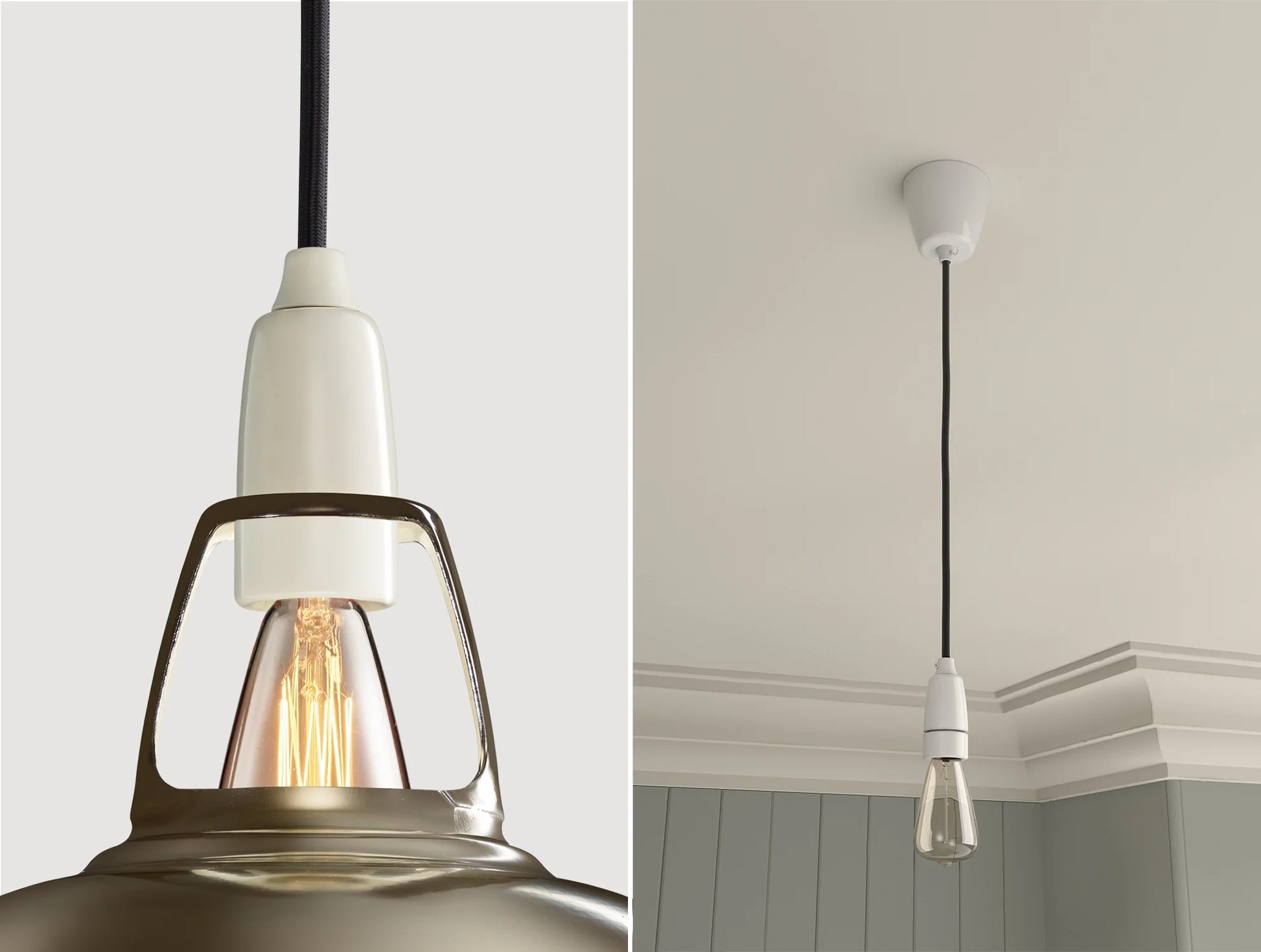 Close up of an E14 Porcelain suspension set on an Antinium shade on the left. On the right, an E14 Porcelain pendant set with a lightbulb is hanging from the ceiling 