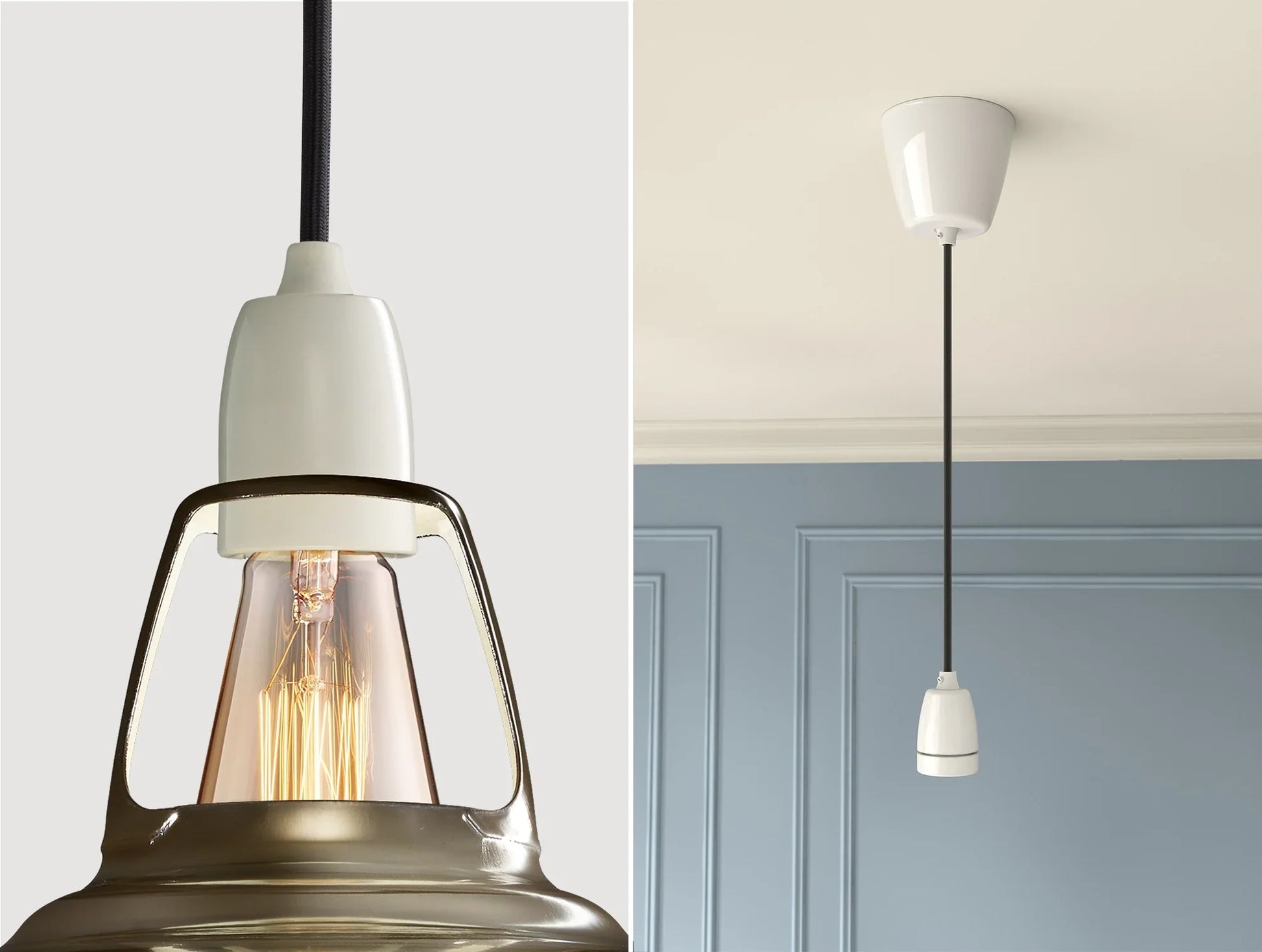 Close up of an E27 Porcelain suspension set on an Antinium shade on the left. On the right, an E27 Porcelain pendant set is hanging from the ceiling