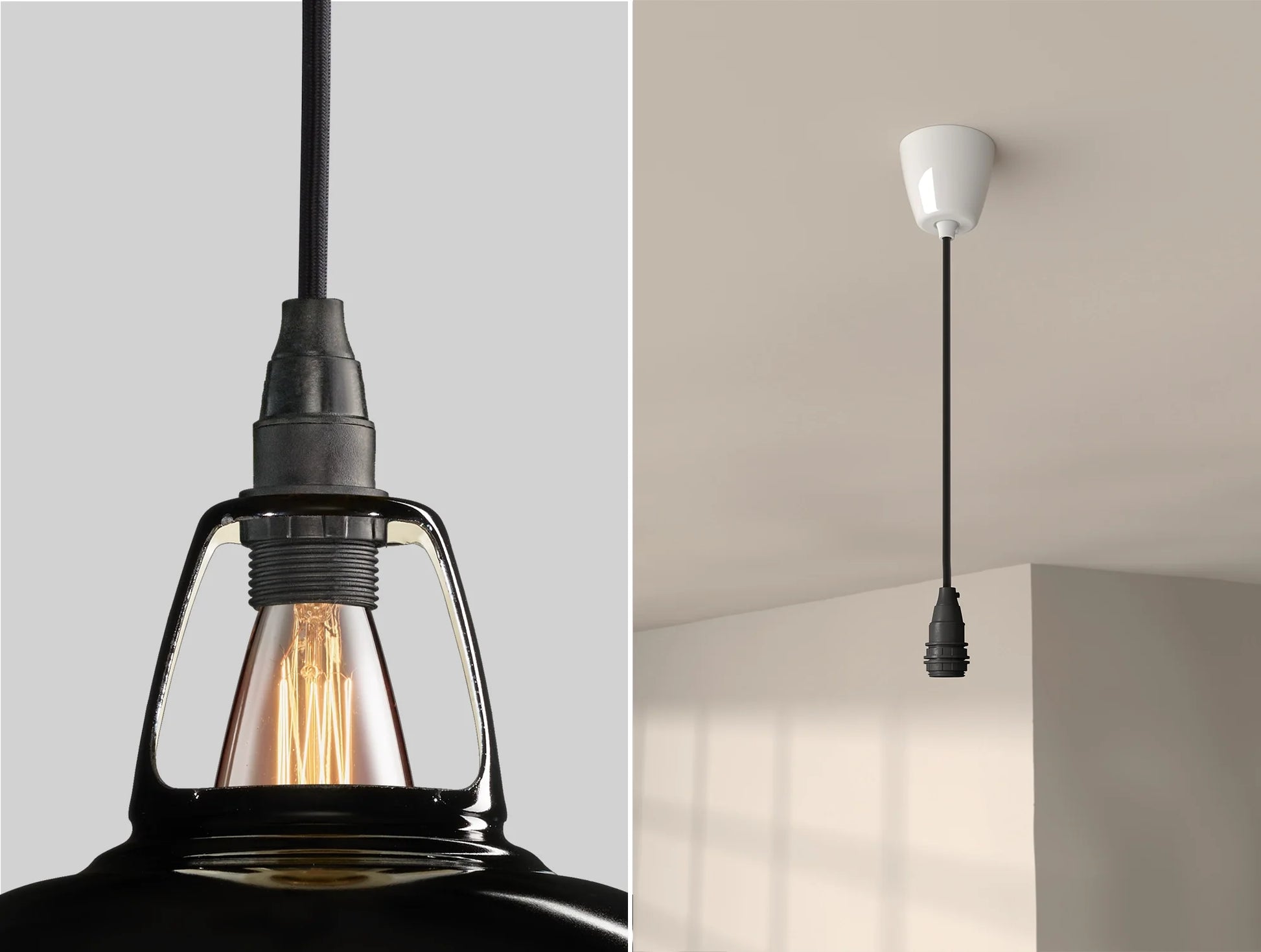 Close up of an E14 Industrial suspension set on a Jet Black lampshade on the left. On the right, an E14 Industrial pendant set is hanging from the ceiling