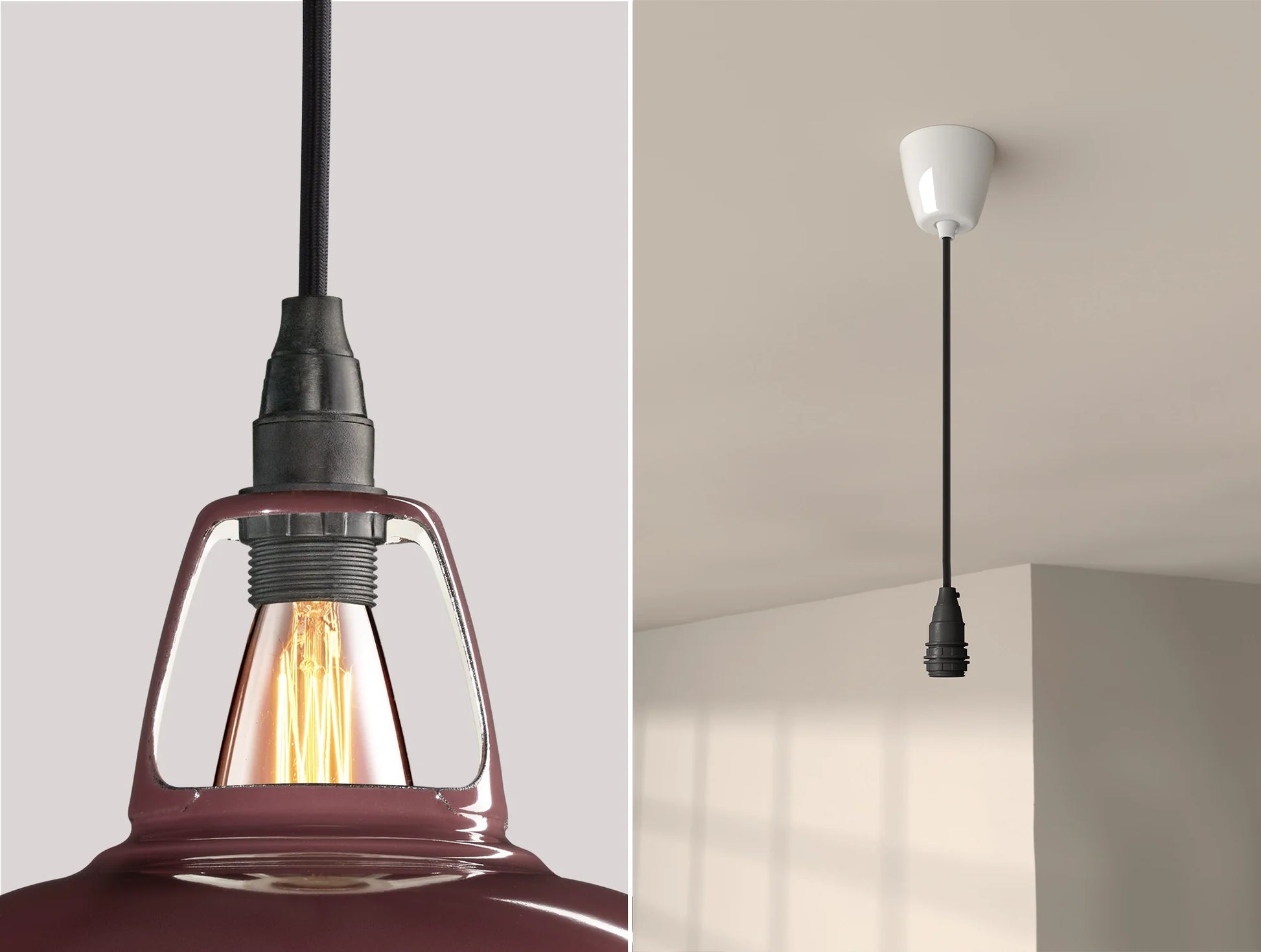 Close up of an E14 Industrial suspension set on a Metropolitan lampshade on the left. On the right, an E14 Industrial pendant set is hanging from the ceiling