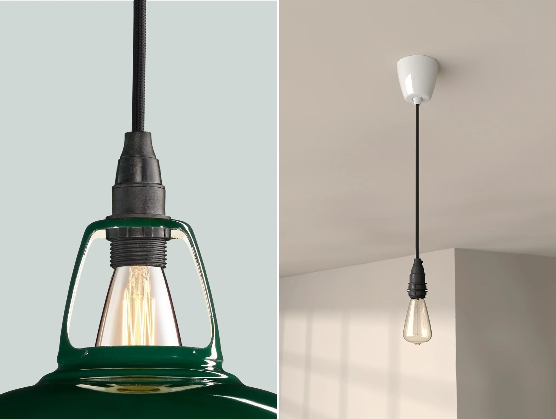 Two photos. On the left a close up of a Green Coolicon lampshade with a black Industrial style pendant set. On the right an Industrial pendant set with the braided cable, a white Vitreous Enamel ceiling cup and a lightbulb is hanging from the ceiling