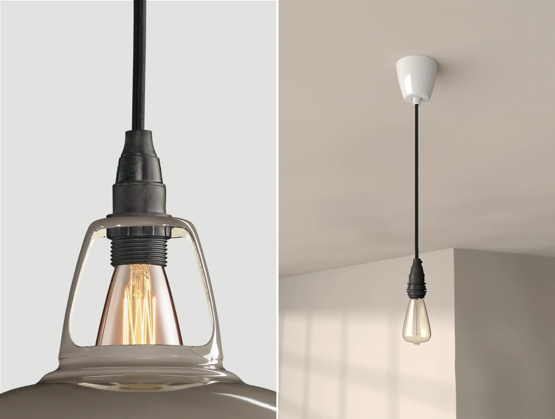 Close up of an E14 Industrial suspension set on an Original Grey lampshade on the left. On the right, an E14 Industrial pendant set with a lightbulb is hanging from the ceiling