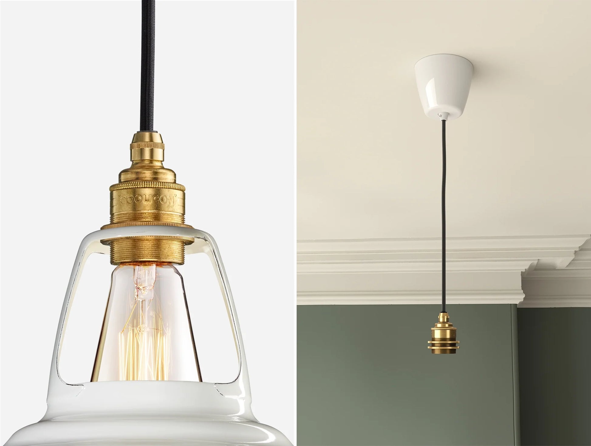 Close up of an E27 Signature Brass suspension set on a Original White lampshade on the left. On the right, an E27 Brass pendant set is hanging from the ceiling
