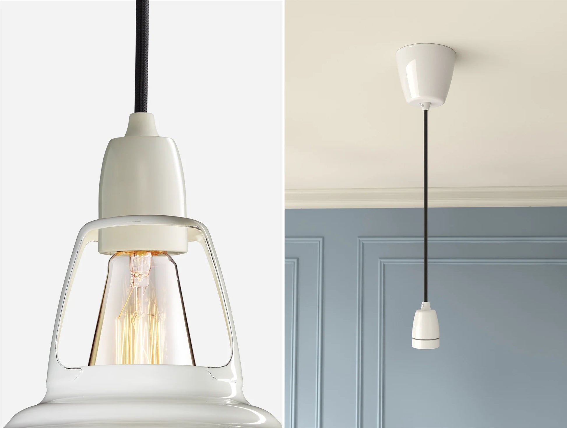 Close up of an E27 Porcelain suspension set on a Original White lampshade on the left. On the right, an E27 Porcelain pendant set is hanging from the ceiling