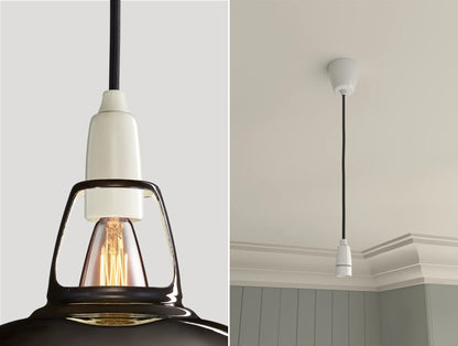 Close up of an E14 Porcelain suspension set on a Pewter lampshade on the left. On the right, an E14 Porcelain pendant set is hanging from the ceiling