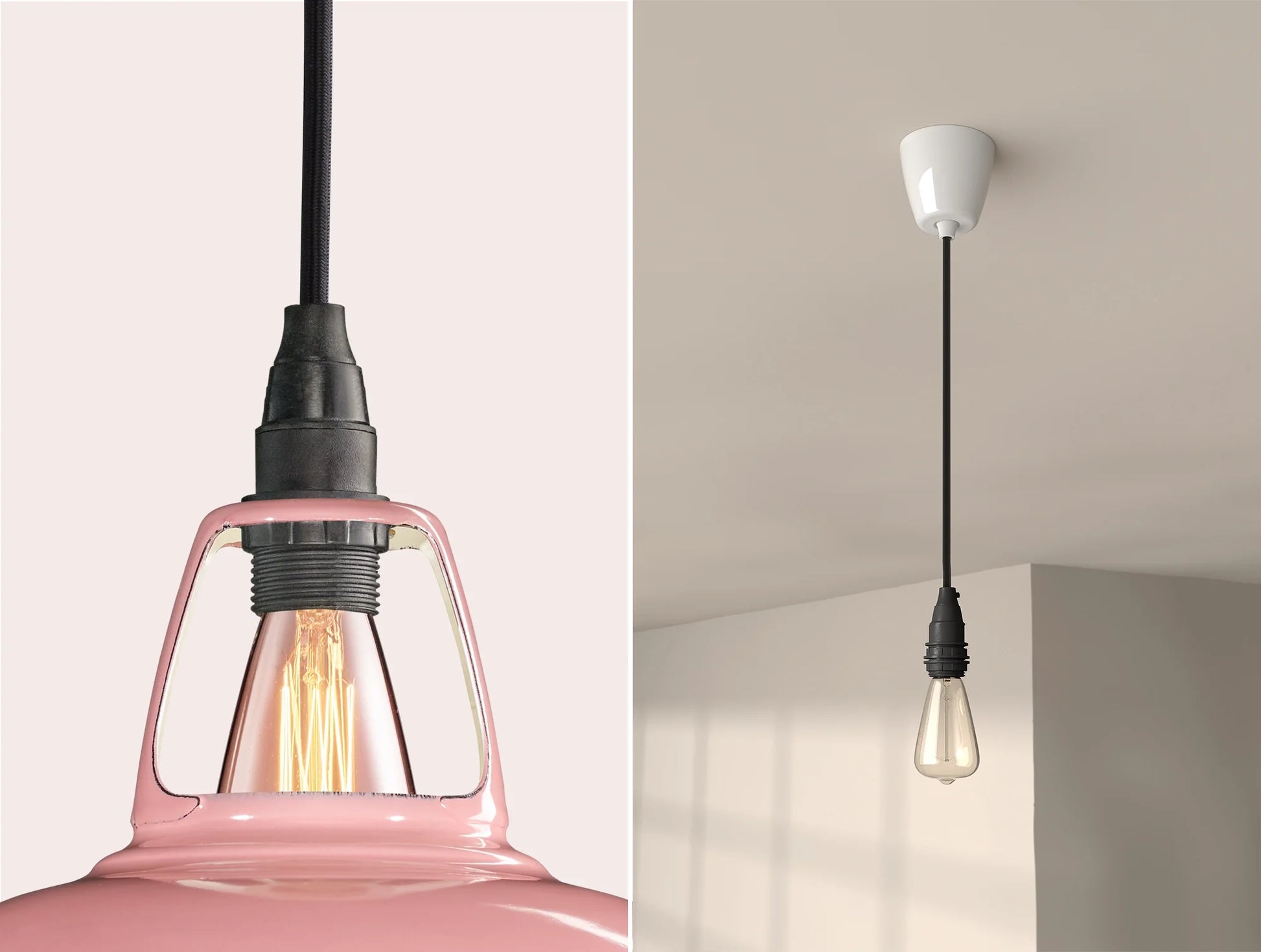 Close up of an E14 Industrial suspension set on a Powder Pink lampshade on the left. On the right, an E14 Industrial pendant set with a lightbulb is hanging from the ceiling