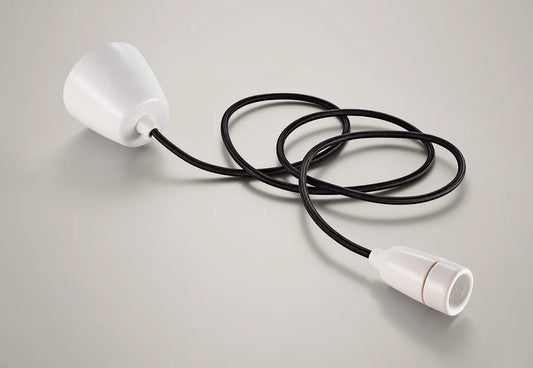 A Coolicon Porcelain pendant set with a white Vitreous Enamel ceiling cup and black cable