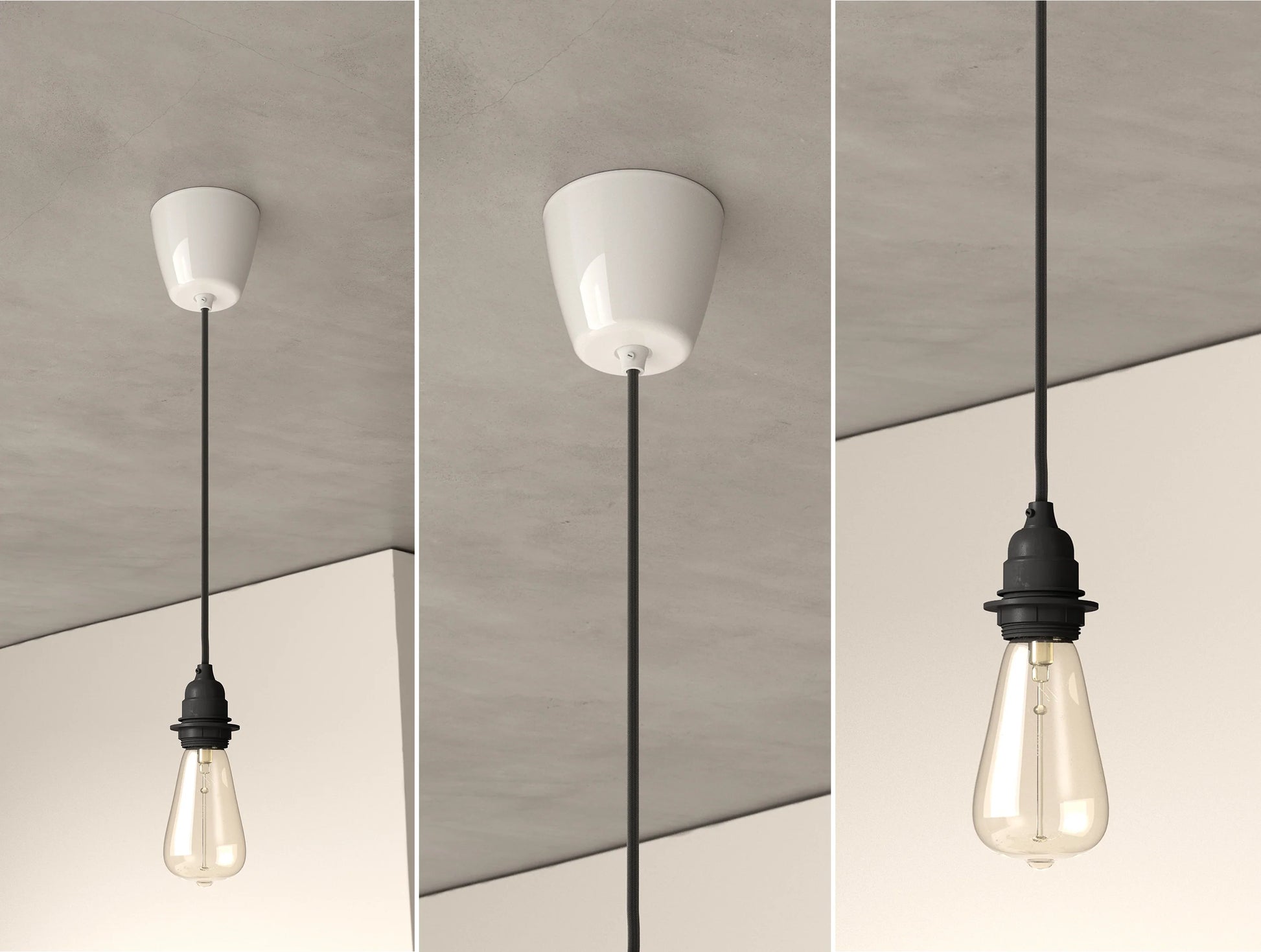 An E27 Industrial Coolicon pendant set with a Vitreous Enamel ceiling cup and an E27 lightbulb hanging from a concrete ceiling