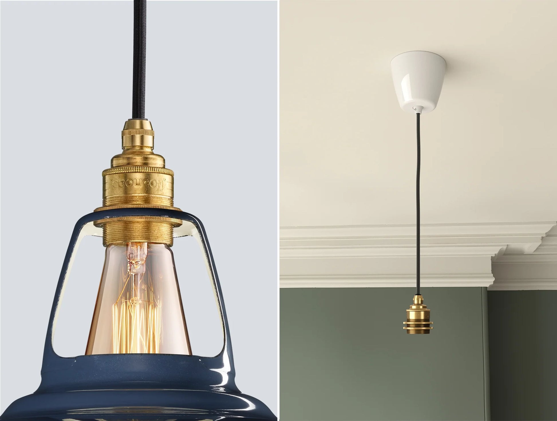 Close up of an E27 Signature Brass suspension set on a Selvedge lampshade on the left. On the right, an E27 Brass pendant set is hanging from the ceiling