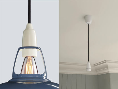 Close up of an E14 Porcelain suspension set on a Selvedge lampshade on the left. On the right, an E14 Porcelain pendant set is hanging from the ceiling