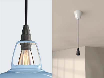 Close up of an E14 Industrial suspension set on a Sky Blue lampshade on the left. On the right, an E14 Industrial pendant set is hanging from the ceiling