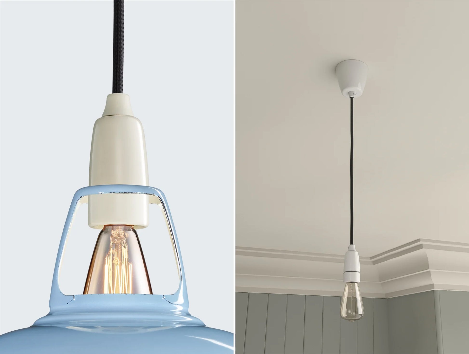 Close up of an E14 Signature Brass suspension set on a Sky Blue lampshade on the left. On the right, an E14 Brass pendant set with a lightbulb is hanging from the ceiling